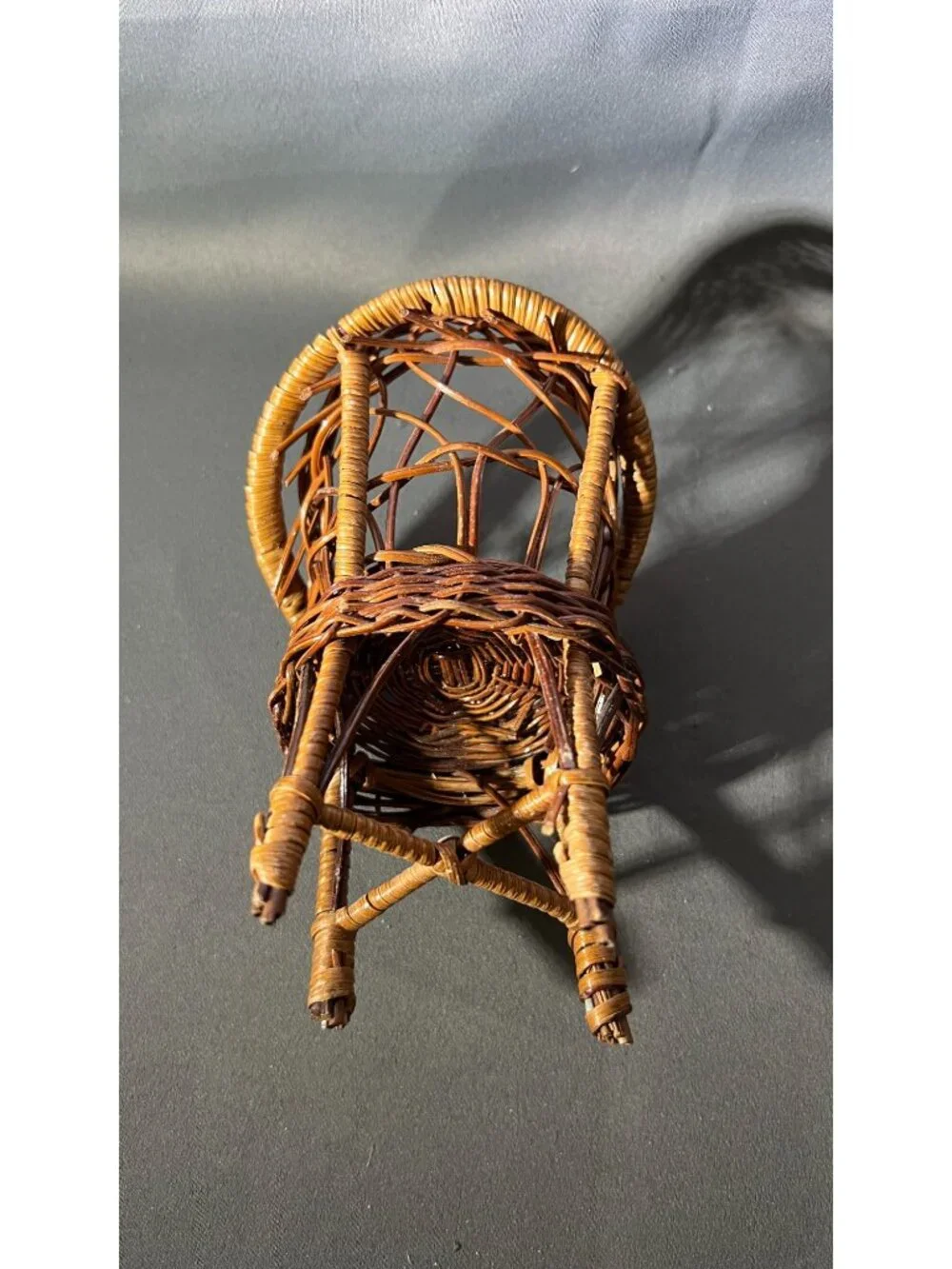 Miniature Woven Wicker Chair Brown Handmade Vintage Dollhouse Decor